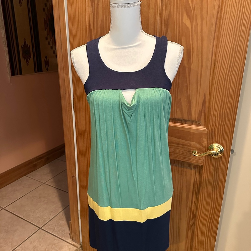 Ella Moss Navy Scoop Tank Dress with Mint & Yellow Bands